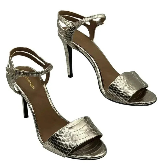 Calvin Klein Womens 10 Nadina Snakeskin Print Gold Stiletto Heels Dress Sandals - Picture 2 of 12